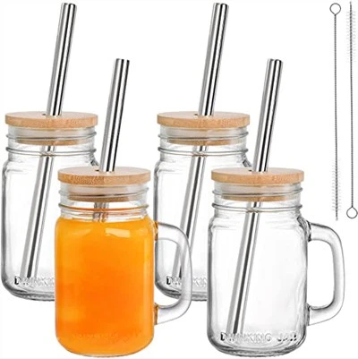 Gobelets Mason Jar en verre avec couvercle en bambou et paille