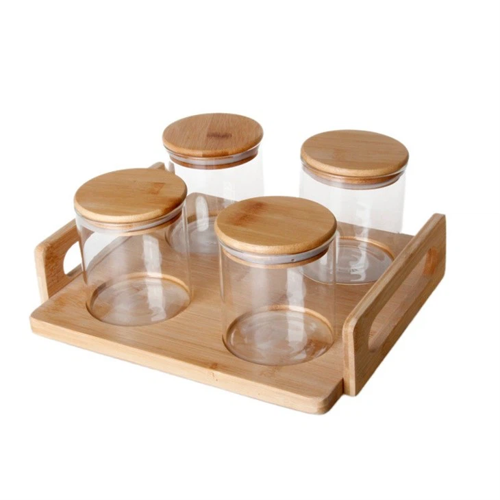 4-Piece Round Glass Storage With Wood Tray factory