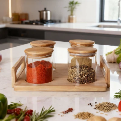Rangement en verre rond 4 pièces avec plateau en bois