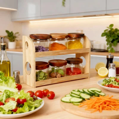 Ensemble de rangement 6 pots avec base en bois d'acacia