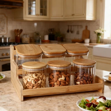 Ensemble de 6 pots en verre à haute teneur en borosilicate avec base en bois