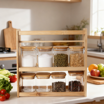 Bocaux en verre carrés 8 pièces avec support à manche en bois