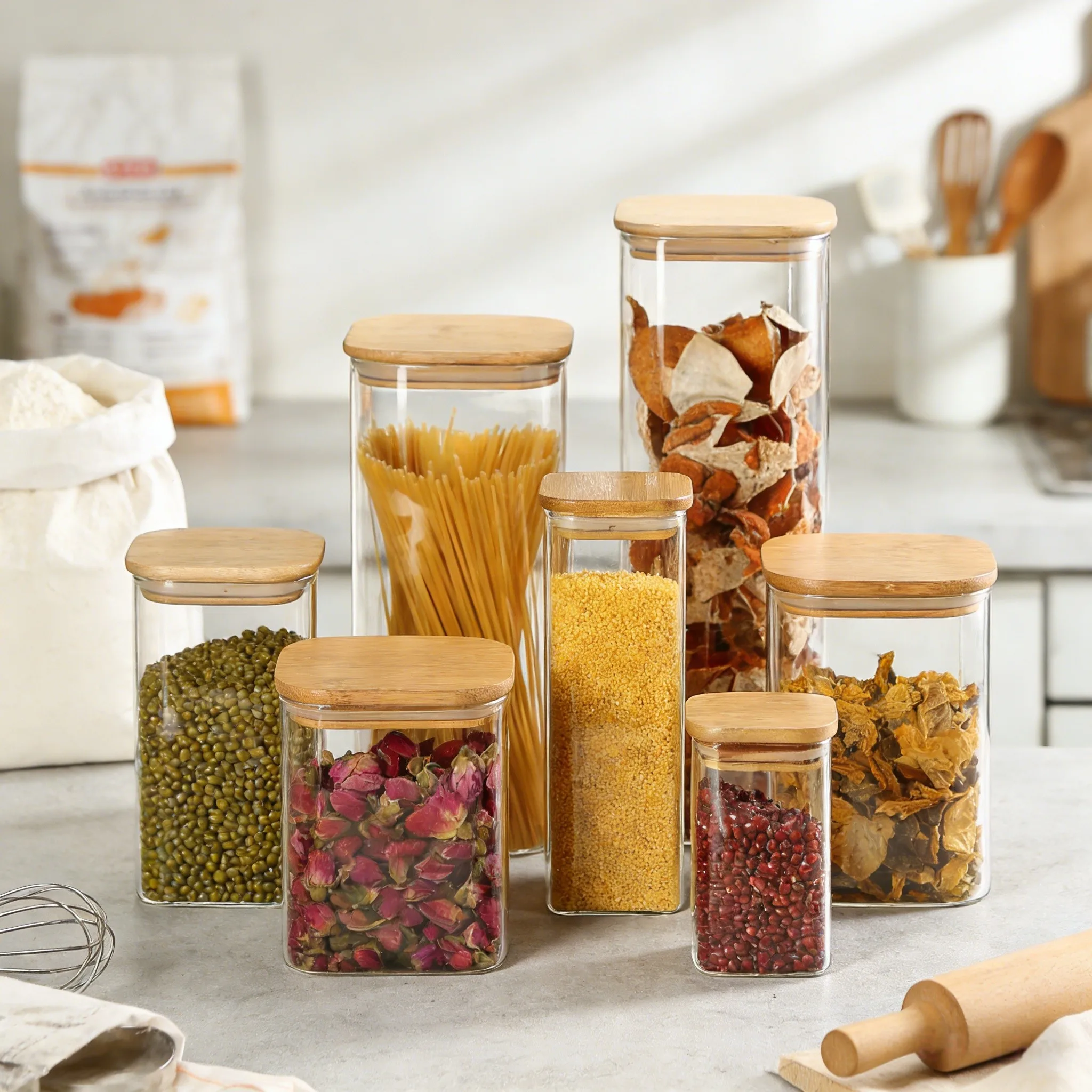 Conteneurs de stockage en verre borosilicaté avec couvercles en bambou