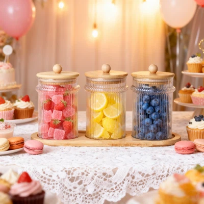 Ensemble trio de bocaux en verre avec couvercle et base en bois