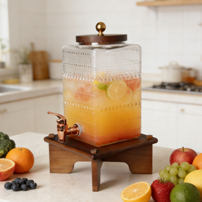 Distributeur en verre carré avec accents de bois