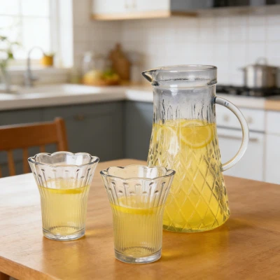 Larme-Ensemble gobelet et pichet en verre texturé